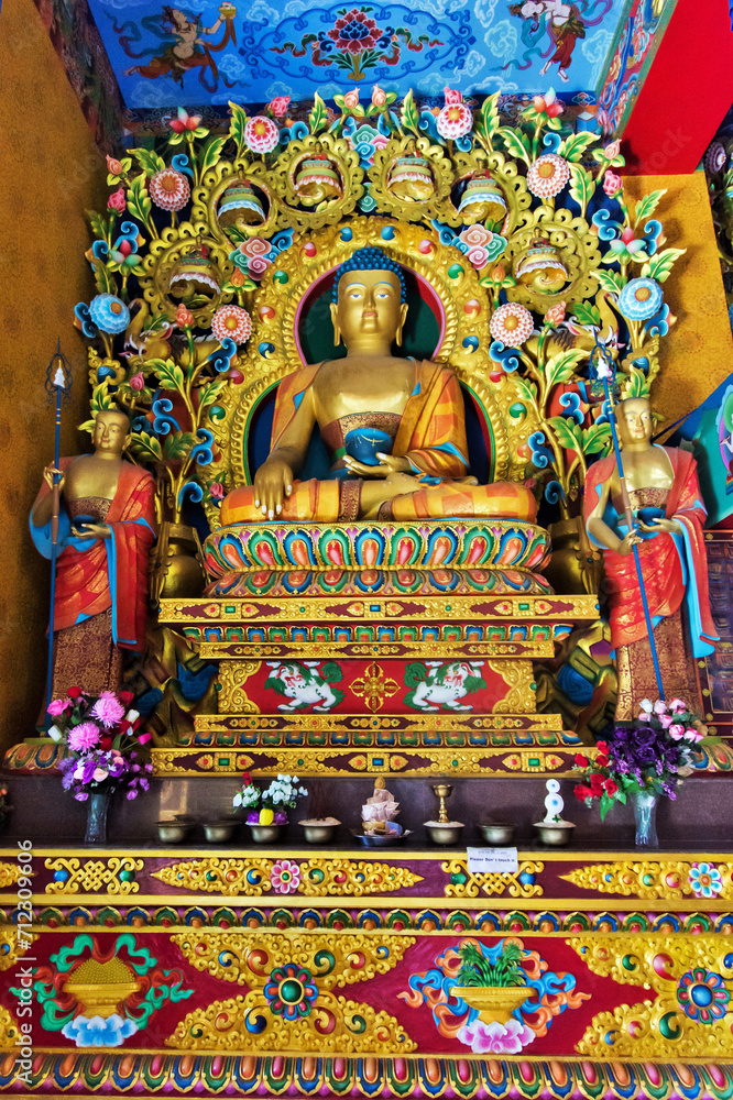 Buddha statue inside Drikung Kagyu Gompa Buddhist Monastery, Rewalsar, Nagar, Mandi, Himachal Pradesh, India, Asia