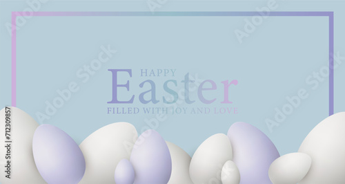 Happy easter. Delicate turquoise Easter card with white and purple Easter eggs.