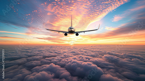 Airplane Flying Above Clouds at Sunset.A commercial airplane in flight above a sea of clouds, with the warm glow of the sunset illuminating the sky. photo