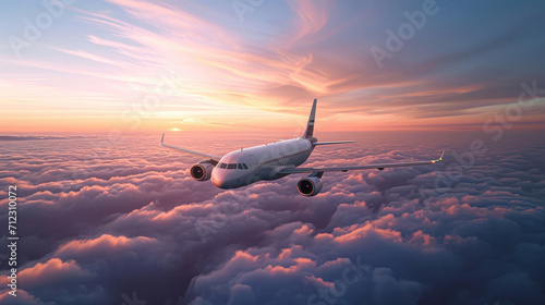 Airplane Flying Above Clouds at Sunset.A commercial airplane in flight above a sea of clouds, with the warm glow of the sunset illuminating the sky.