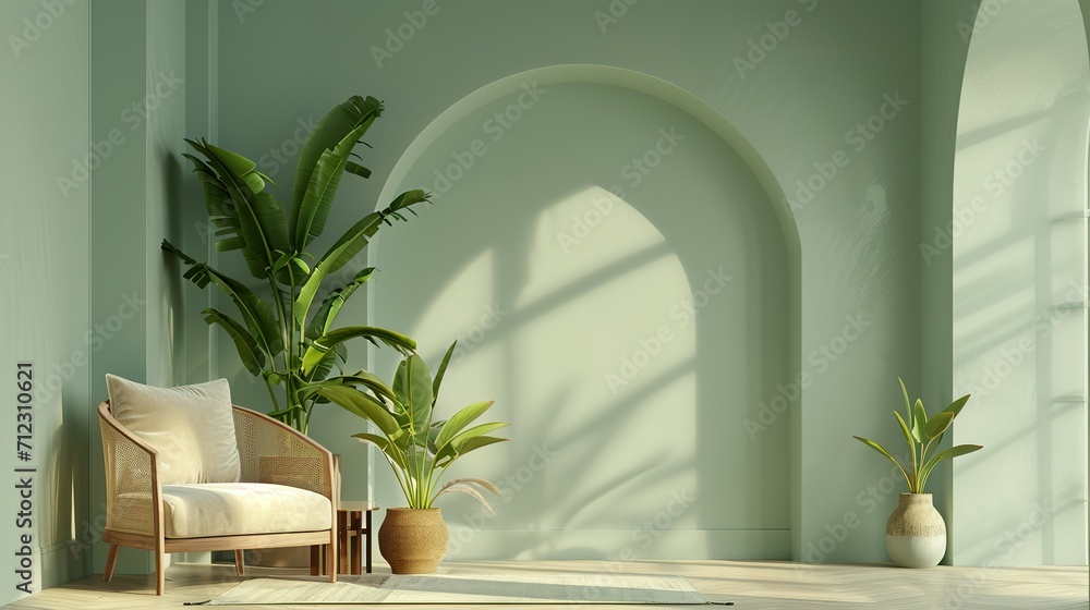 Fototapeta premium a modern living room with neutral color tones and a green plant, in the style of pastel gothic, matte background, arched doorways, soft pastel tones, texture-based, light brown and cyan