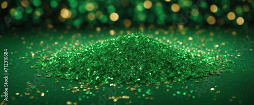 Elegant abstract green glitter sparkle confetti background for party invite, St Patrick’s Day luck. 