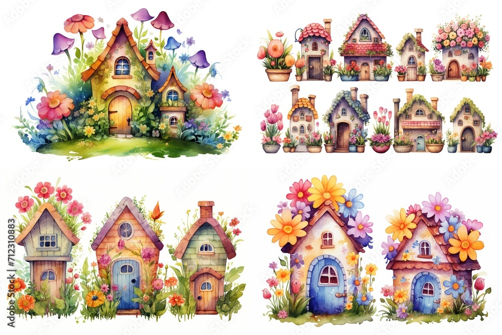 watercolor cartoon illustration collection set, fairytale flower house, small village, isolated on white background, idea for sticker and junk journal clipart, Generative Ai