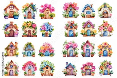 watercolor cartoon illustration collection set  fairytale flower house  small village  isolated on white background  idea for sticker and junk journal clipart  Generative Ai