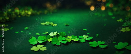 St. Patrick s Day. Widescreen clovers on green with copy space. Abstract green background decorated with shamrock leaves.  Abstract Border art design magic backdrop. 