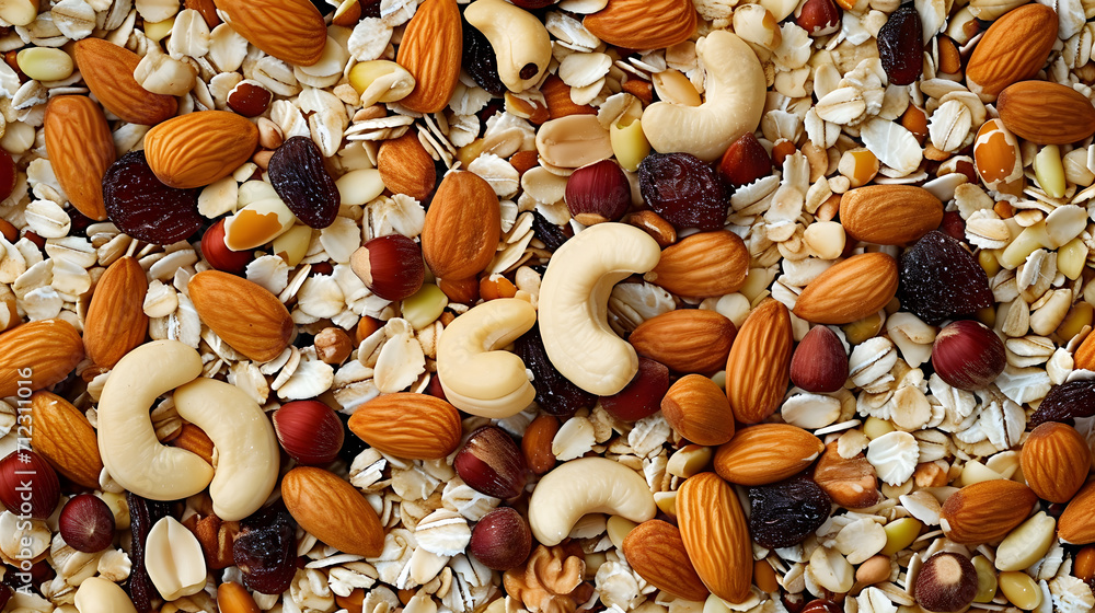 Fototapeta premium A mixture of nuts, muesli, nutritious food. Background with the texture of a mixture of nuts.