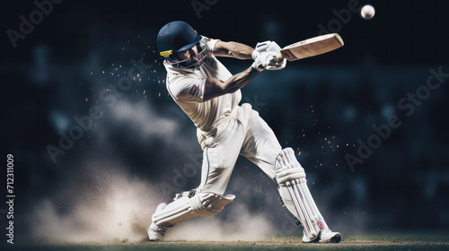 Cricket player hitting cover drive shot, while stepping out of his batting crease.