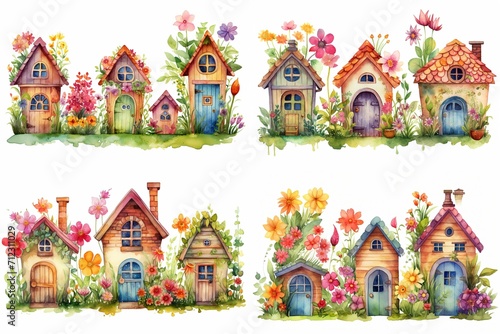 watercolor cartoon illustration collection set, fairytale flower house, small village, isolated on white background, idea for sticker and junk journal clipart, Generative Ai © QuietWord