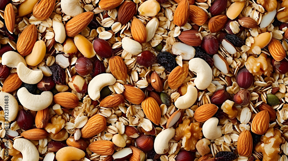Fototapeta premium A mixture of nuts, muesli, nutritious food. Background with the texture of a mixture of nuts.