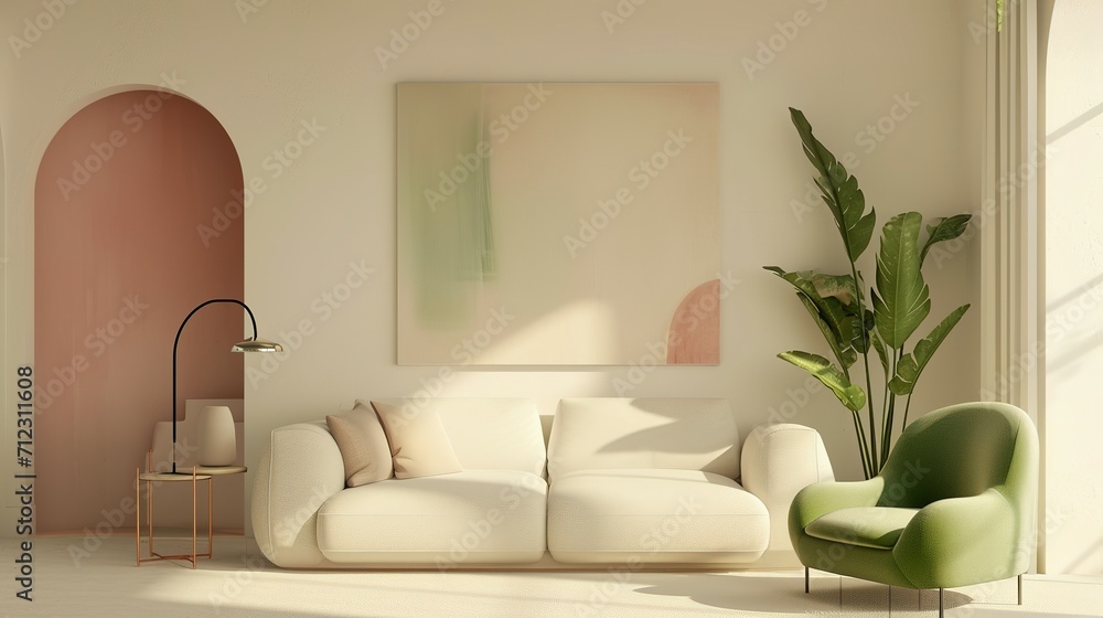 a modern living room with neutral color tones and a green plant, in the style of pastel gothic, matte background, arched doorways, soft pastel tones, texture-based, light brown and cyan