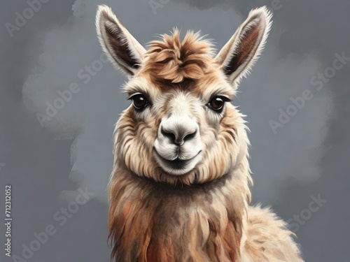 A llama painted in watercolor looks directly into the camera on a gray background. Nature conservation concept 