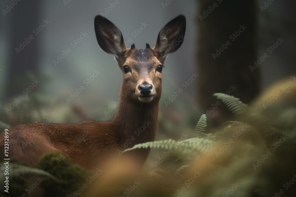 Curious roe deer roebuck with ears up in misty woodlands. Generative AI - obrazy, fototapety, plakaty 