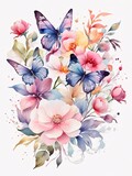 watercolor of colorful flowers and butterflies facing forward.