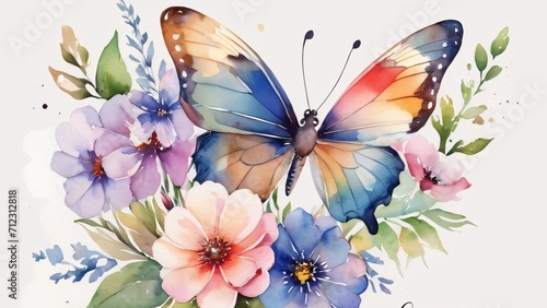 watercolor of colorful flowers and butterflies facing forward. © Graphic Gem Market