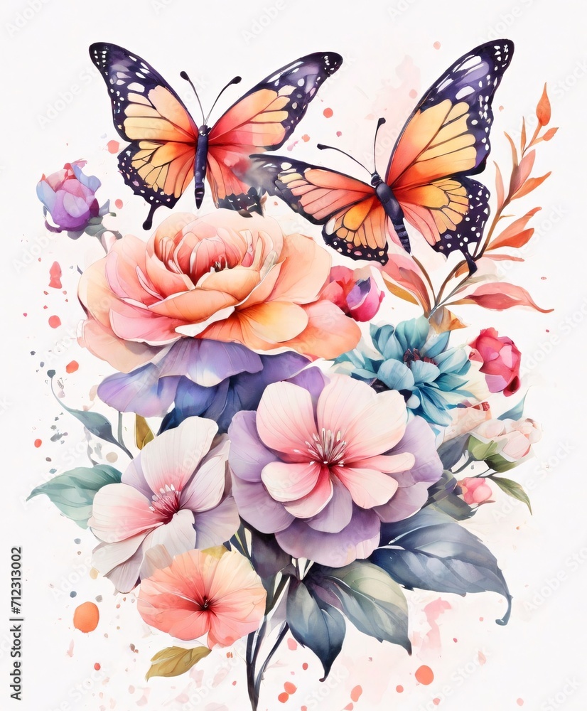 Obraz premium watercolor of colorful flowers and butterflies facing forward.