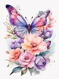 watercolor of colorful flowers and butterflies facing forward.