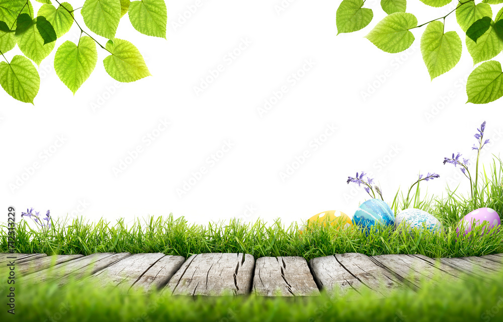 A line of painted easter eggs in the grass celebrating a Happy Easter with a wooden bench to place products on with green grass and tree leaves on a transparent background