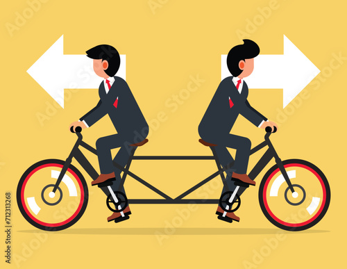 Business team disagreement conflict problem. Two businessmen riding the same bike but in opposite directions.