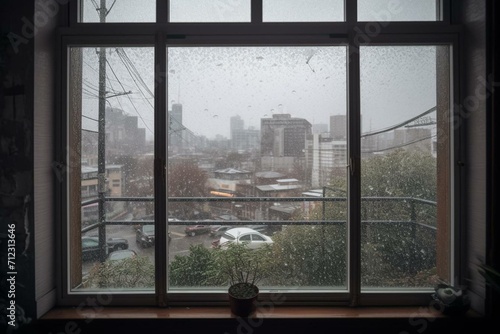 Window with nostalgic view of Tokyo, nature, and snowy rain inside. Generative AI