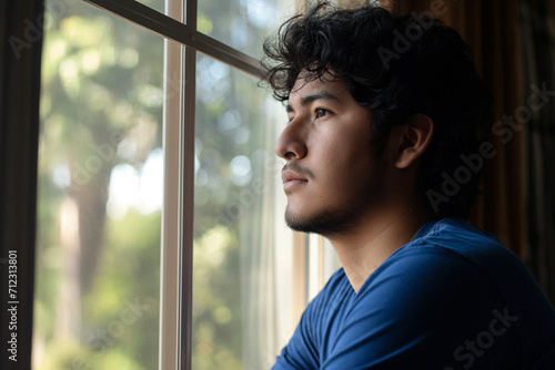 Um garoto venezuelano pensando olhando pela janela  photo