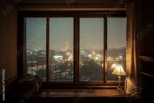 Window with nostalgic view of Tokyo, nature, and snowy rain inside. Generative AI © Melisende
