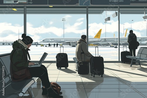 Woman with a laptop in airport, travel IT relocation illustration cartoon