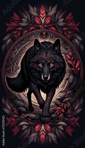 Black wolf walking through a circle of red leaves