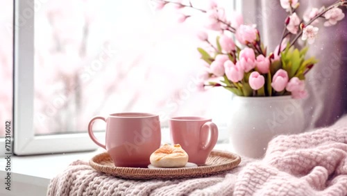 A cup of coffee with pink knitting on the table. Spring is alive. photo