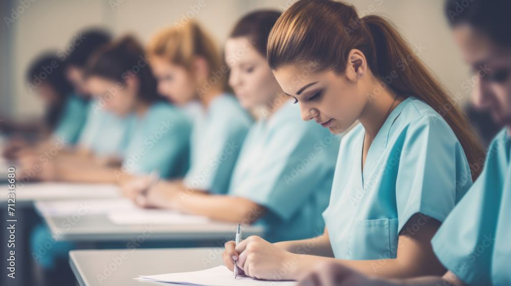 Group of female students medics that are sitting by the table and writing. Conception of lecture and education