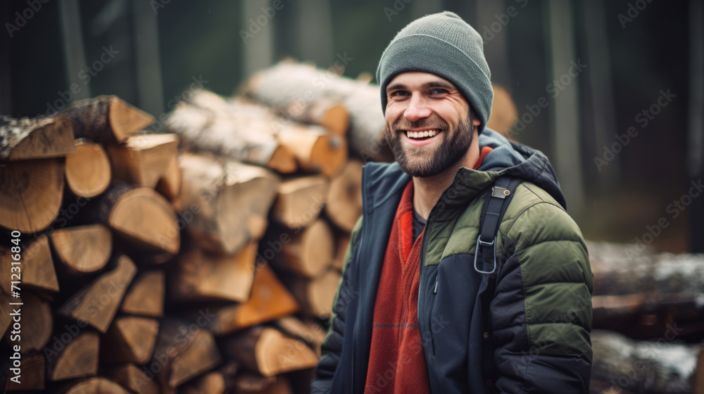 Woodcutter is outdoors against logs. In hat, winter Woodcutter is outdoors against logs. In hat, winter