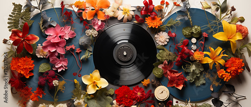 Vintage record and flowers, top view. Retro or Vintage Style. Generative AI