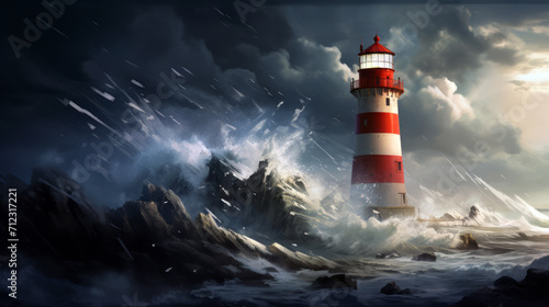 red and white lighthouse on rocks in the stormy sea photo