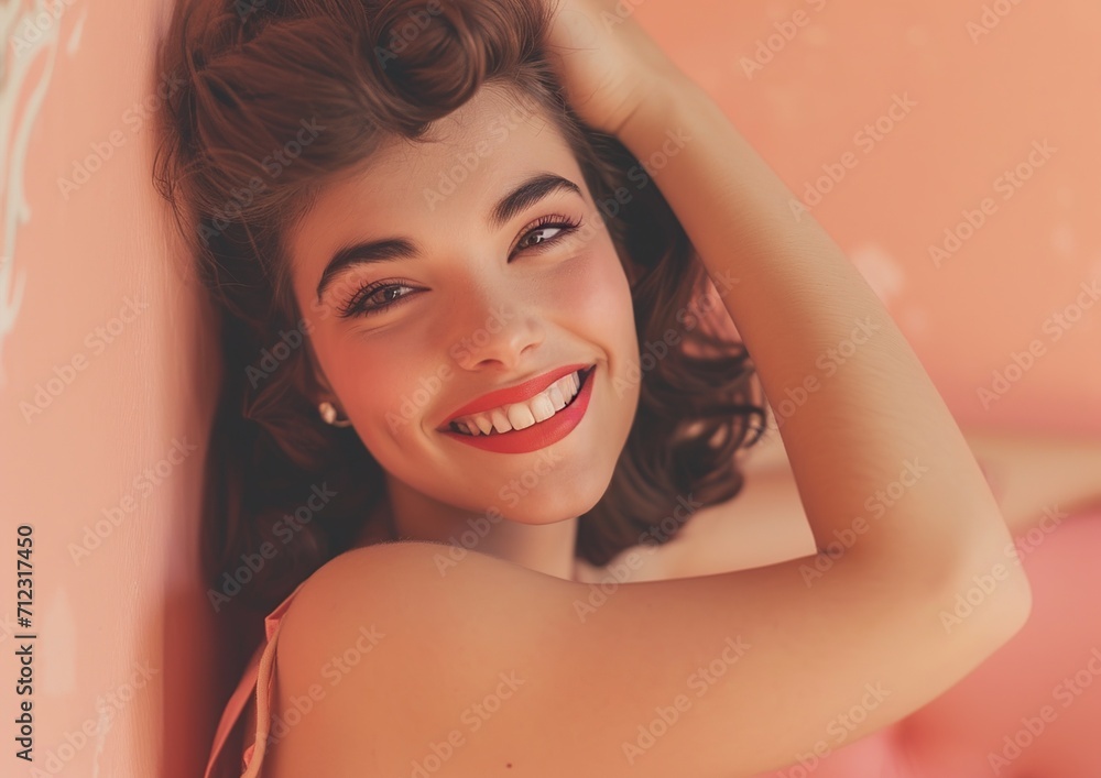 Naklejka premium Pretty and young pin up style woman, with wavy brunette hair, she is wearing a floral dress and a matching ribbon to hold her hair up. She is posing with a peach fuzz colored wall in the background.