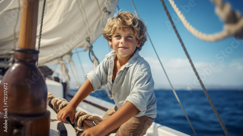 Young boy on sailing boat, happy child