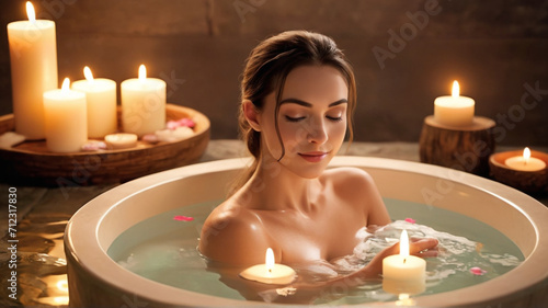 woman relaxing in spa. Beauty water therapy candle spa wellness light care health relaxation romantic bath. Ai generative