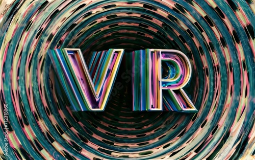 Optical illusion of text "VR" in a colorful deep spherical lines. Abstract background.