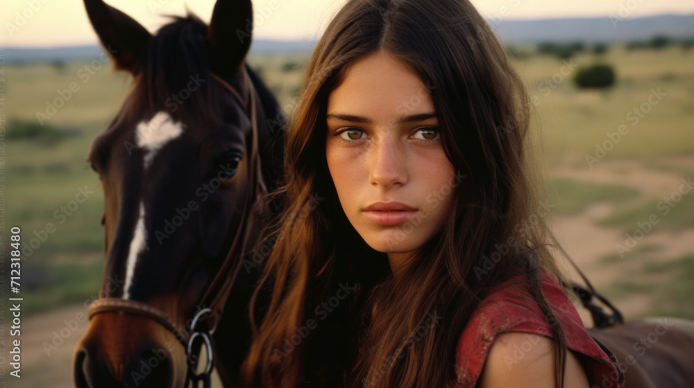 Obraz premium Young woman is standing outdoors with horse, portrait