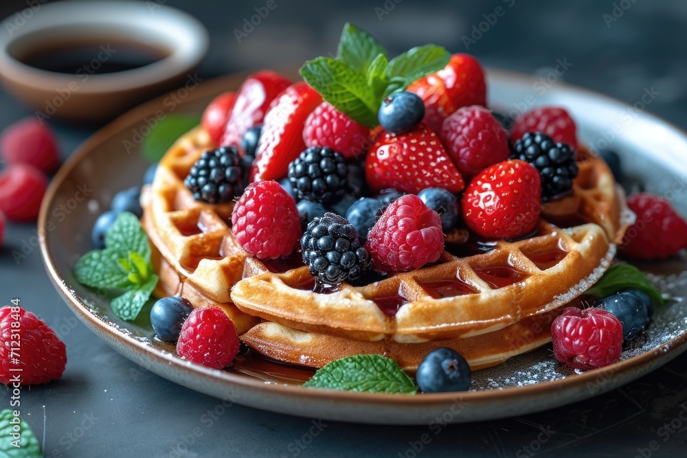 A plate of delicious waffles and berries are on the table