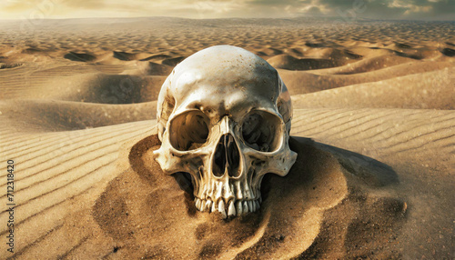 Closeup of a human skull half submerged in desert sand, in the background landscape with desert dunes. Generative Ai.