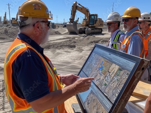 The table at the center of the construction site is filled with engineering diagrams and documents laid out. Each engineer is pointing out and interpreting the content displayed on a large touchscreen