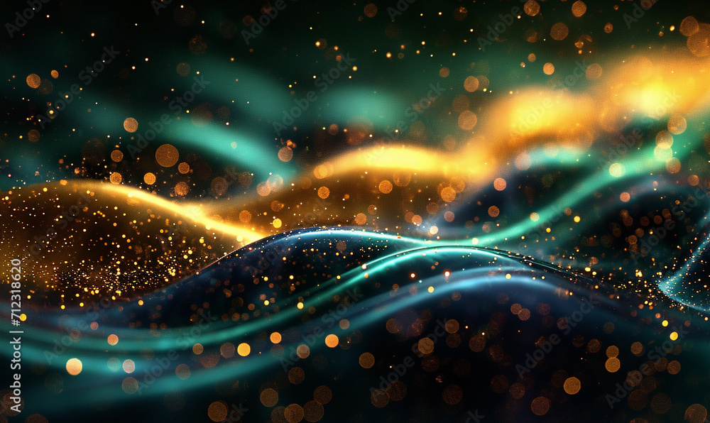 Fototapeta premium Glitter Emerald Golden Wave Stripes Design. Shiny moving lines design element with bokeh effect background
