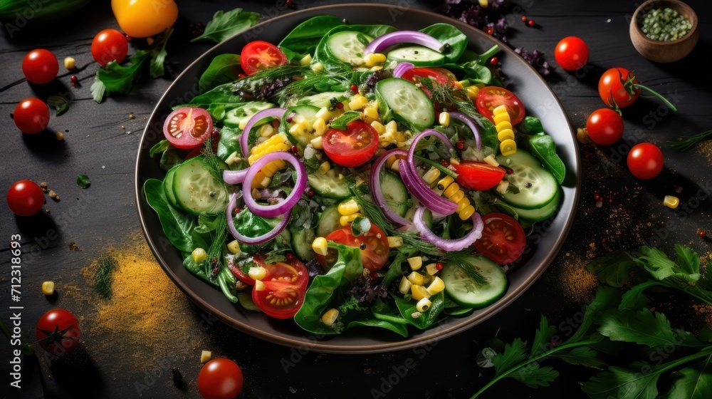 Green salad made from a mixture of green leaves and vegetables. Diet food. Food photography Green salad made from a mixture of green leaves and vegetables. Diet food. Food photography