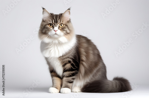 gray fluffy cat sits full length on a white background