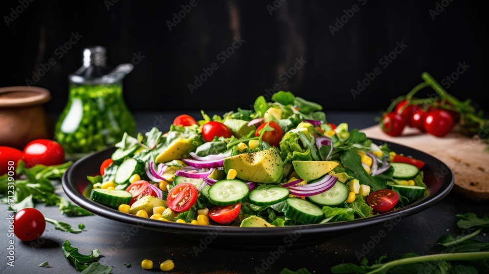 Green salad made from a mixture of green leaves and vegetables. Diet food. Food photography