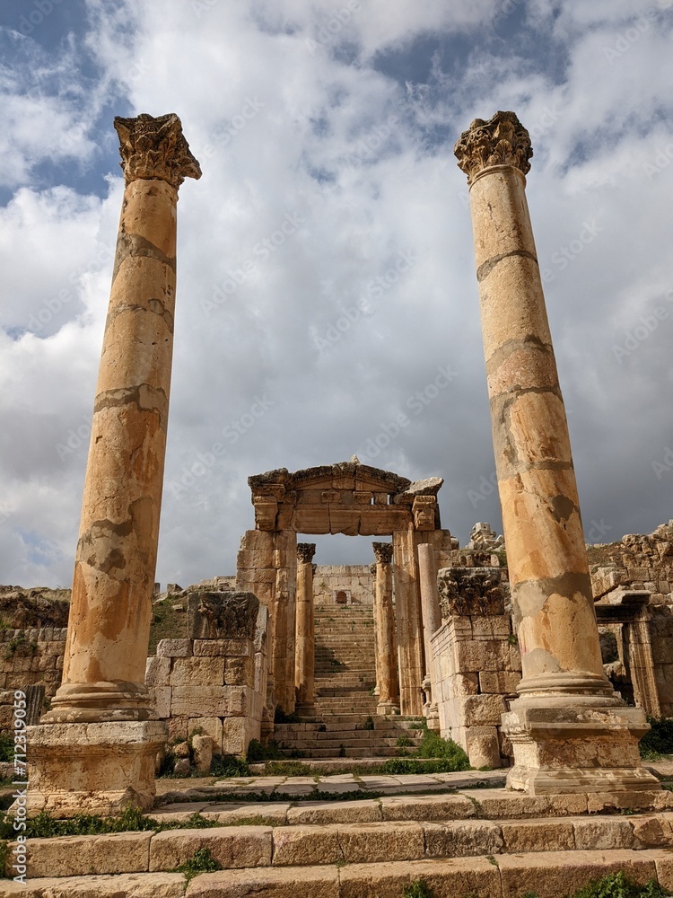 ancient Roman structures in Jerash city,Gerasa, Jordan, hippodrom, amphiteatre,theatres and columns of the ancient Roman civilization made out of sand and marble stone
