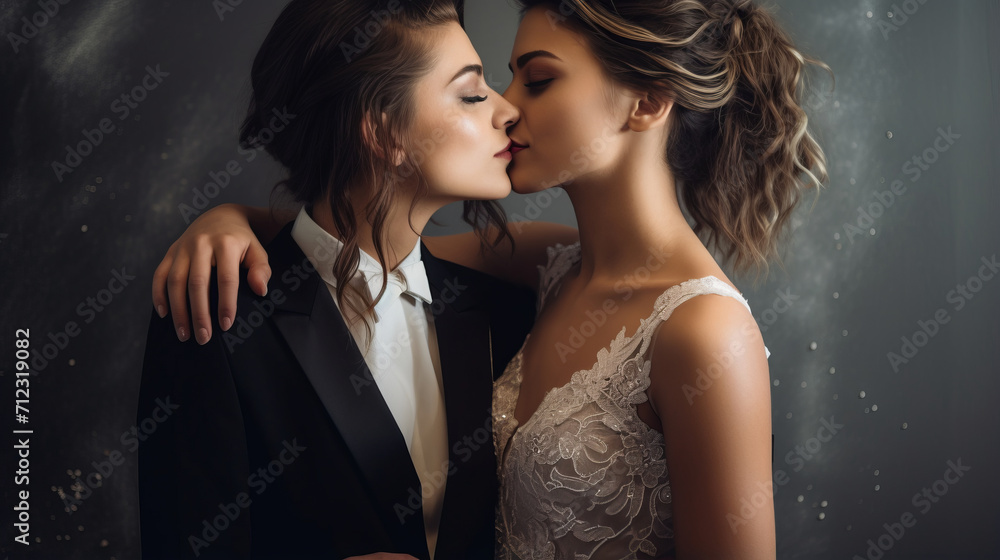 Young lesbian couple are indoors, at a party, embracing each other Young lesbian couple are indoors, at a party, embracing each other