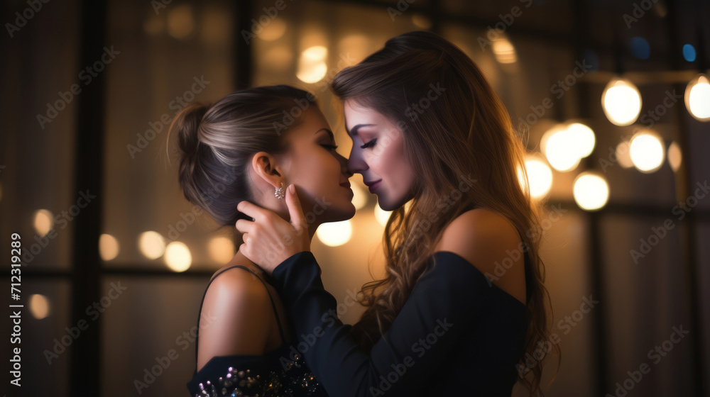 Young lesbian couple are indoors, at a party, embracing each other