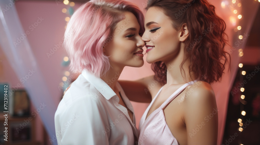 Fototapeta premium Young lesbian couple are indoors, at a party, embracing each other