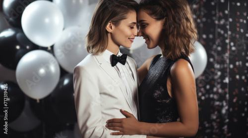 Young lesbian couple are indoors, at a party, embracing each other