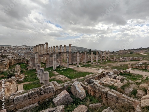 ancient Roman structures in Jerash city,Gerasa, Jordan, hippodrom, amphiteatre,theatres and columns of the ancient Roman civilization made out of sand and marble stone